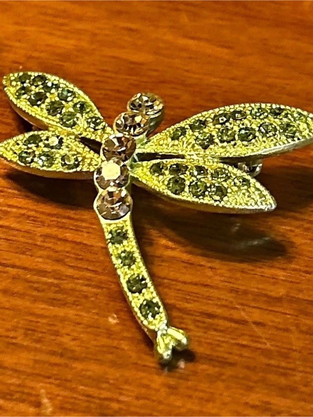 Vintage Green Dragonfly Brooch Pin Gold Tone Clear Crystal/Rhinestone Body-Nice!